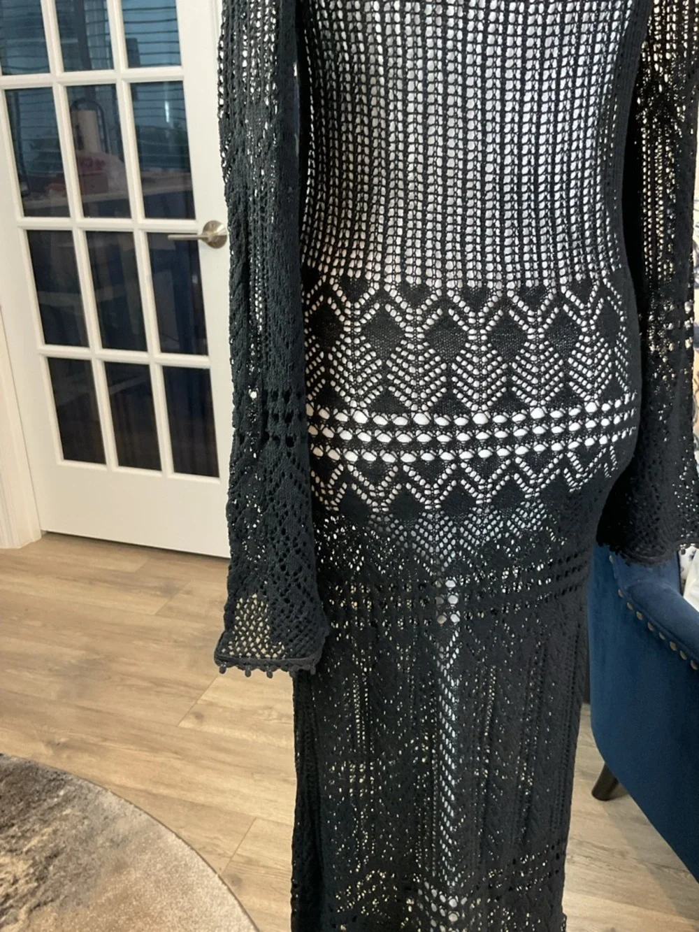 Cider Black Crochet Open Knit Maxi Dress Long Flare Slv., Fringe Hem Size M NWT - Picture 10 of 13